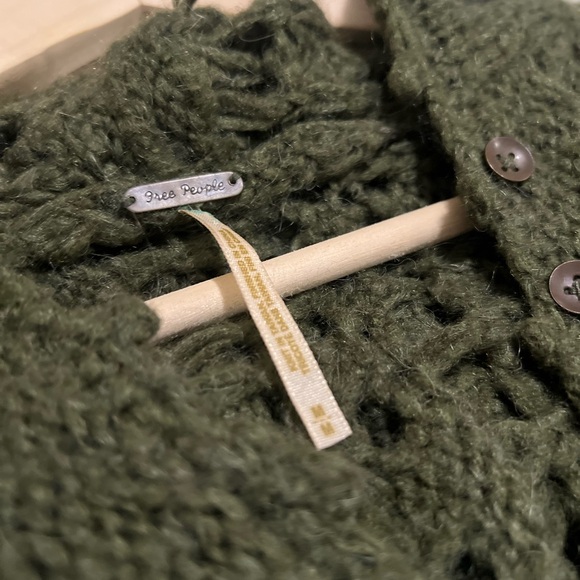 Free People Boho Cottagecore Crochet Olive Hooded Sweater | Dolman Earthy Knit - Picture 6 of 15